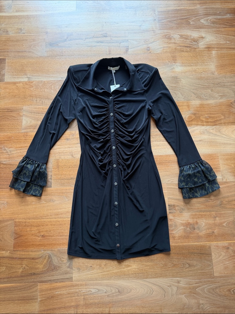Black Ruched Button-Front Dress with Layered Cuff Detail
